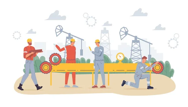 Plano de dibujos animados trabajadores industriales personajes en el trabajo de producción de petróleo, vector concepto de ilustración — Archivo Imágenes Vectoriales