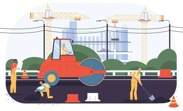 Персонажи плоских мультфильмов промышленных рабочих при строительстве дорог, концепция векторной иллюстрации — стоковый вектор