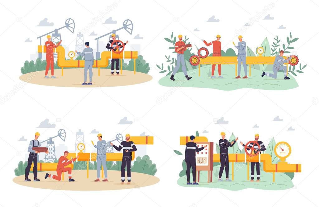 Flat cartoon industrial workers characters at gas,oil production work set,vector illustration concept