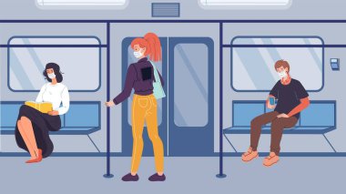 Coronavirus pandemik karantinası sırasında metroda düz çizgi film karakterleri, vektör illüstrasyon konsepti