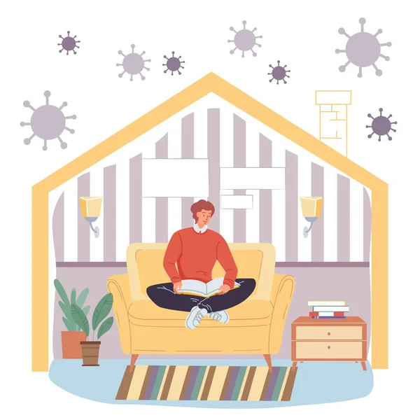 ( 영어 ) Flat cartoon character in home in self quarantine during coronavirus previous, vector illustration — 스톡 벡터