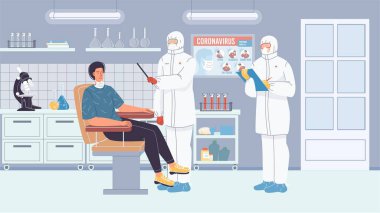 Düz çizgi film hastası ve doktor karakterleri, koronavirüs salgını sırasında klinik çalışmaları, vektör illüstrasyon konsepti