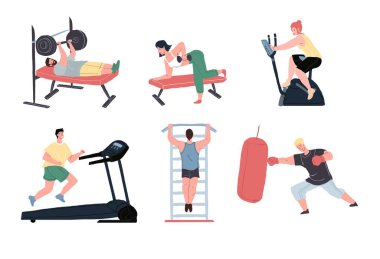 Çizgi film düz sağlıklı karakterler spor salonunda spor yapıyor, vektör illüstrasyonu