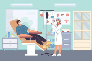 Düz çizgi film hastası ve doktor karakterleri, koronavirüs salgını sırasında klinik çalışmaları, vektör illüstrasyon konsepti