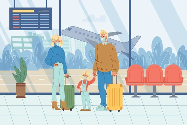 ( 영어 ) Flat cartoon family travelents during previous-coronavirus protection, social distancing vector 삽화 개념 — 스톡 벡터