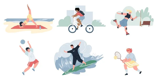 Platte stripfiguren set doen sport activiteiten, set van vector illustraties concept — Stockvector