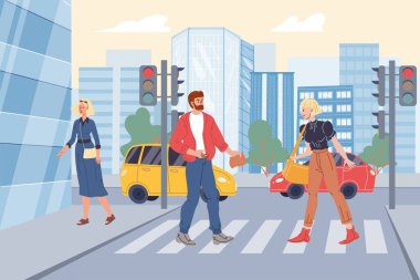 Şehir yaşamındaki düz çizgi film karakterleri yol trafiği, vektör illüstrasyon kavramı
