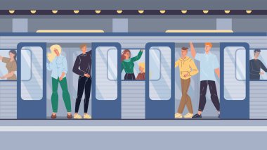 Metro 'da düz çizgi film karakterleri, şehir yaşam sahnesi vektör çizimi konsepti