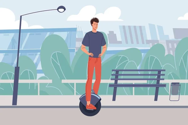 Flache Cartoon-Figur fährt elektrisches Einrad, Stadt Leben Szene Vektor Illustration Konzept — Stockvektor