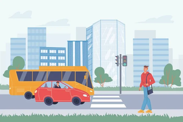 Flache Comicfiguren in der Szene des Stadtlebens mit Straßenverkehr, Konzept zur Vektorillustration — Stockvektor