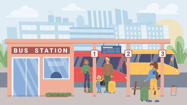 Flache Comicfiguren in der Szene des Stadtlebens am Busbahnhof, Konzept zur Vektorillustration — Stockvektor