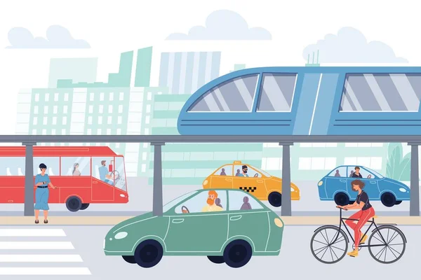 Flache Comicfiguren in der Szene des Stadtlebens mit Straßenverkehr, Konzept zur Vektorillustration — Stockvektor