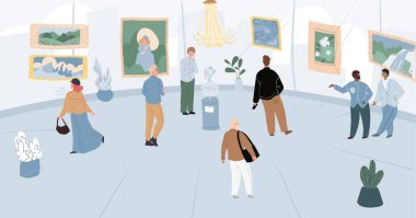 Sanat galerisi sergisi, vektör illüstrasyonunda çizgi film düz karakterleri