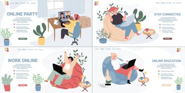 Dizüstü bilgisayarlarda çevrimiçi kurye konferansı iletişimi kullanan çizgi film düz karakterleri, vektör iniş sayfası konsepti kümesi