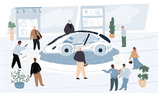 Desenhos animados visitantes planos e trabalhadores personagens em exposição de automóveis, ilustração vetorial — Vetor de Stock