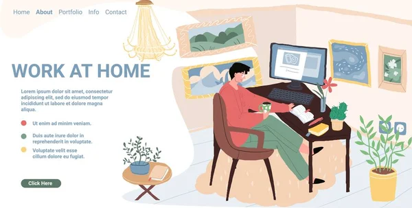 Flache Cartoon-Freelancer-Figur im Home Office, Vektor-Landing-Page-Konzept — Stockvektor