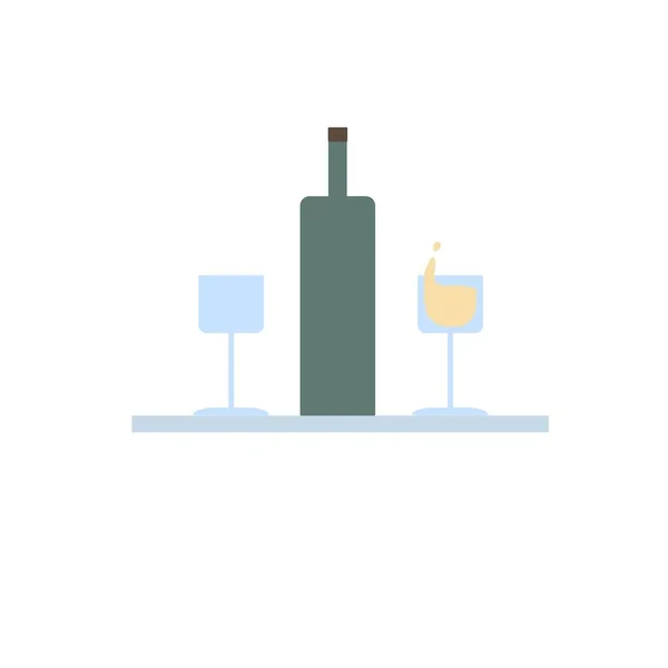 Dessin animé plat bouteille de vin et de verres, saine alimentation, dîner romantique vecteur illustration concept — Image vectorielle