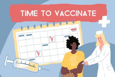 Düz çizgi film doktoru ve hasta karakterleri, aşı ve koronavirüs önleme vektör çizimi kavramı