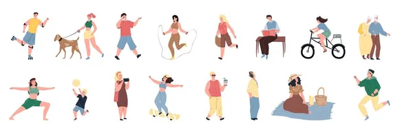 Мультфильм плоские счастливые персонажи, занимающиеся летней деятельности, векторная концепция иллюстрации — стоковый вектор