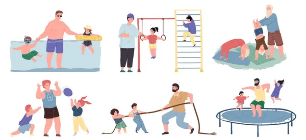 Плоский мультфильм папа и дети герои, занимающиеся спортом вместе, векторная концепция иллюстрации — стоковый вектор