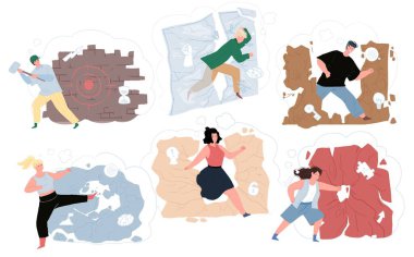 Düz çizgi film karakterleri duvarları yıkıyor, metafor vektör illüstrasyon kavramını başarıyla tamamlıyor