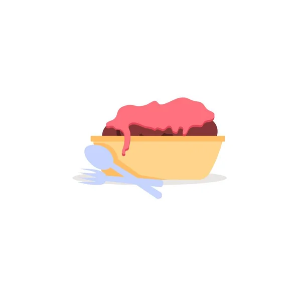 Pastel plano de dibujos animados con glaseado en cuenco, platos de restaurante y cafetería, confitería tienda surtido vector concepto de ilustración — Vector de stock