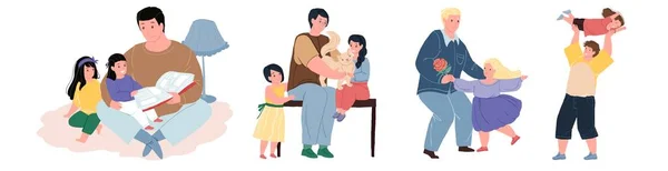 Dibujos animados planos personajes familiares felices en las escenas de la vida cotidiana, vector concepto de ilustración — Archivo Imágenes Vectoriales