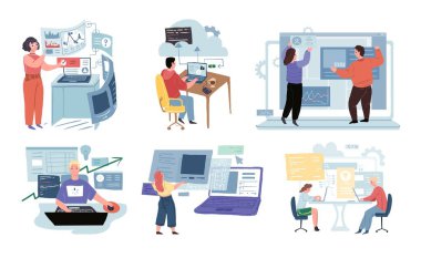 Düz çizgi film karakterleri, iş geliştirme iş akışı vektör illüstrasyon kavramı