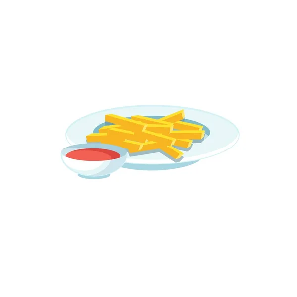 Lapos rajzfilm sült krumpli tányéron, gyorsétterem diéta és egészséges étkezési vektor illusztráció koncepció — Stock Vector