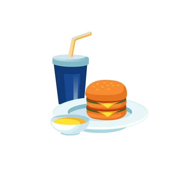 Flat cartoon plastic cup,sauce,burger on plate,fast food diet and healthy eating vector illustration concept — Stock Vector