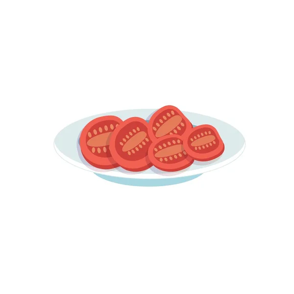 Lapos rajzfilm paradicsom szeletek tányéron, kiegyensúlyozott étrend, egészséges reggeli és élelmiszer-főzés vektor illusztráció koncepció — Stock Vector