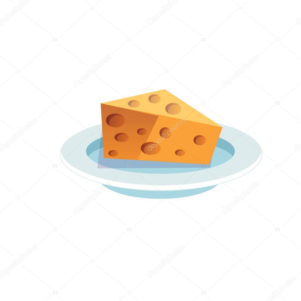 Flat cartoon piece of cheese on plate,balanced diet,healthy breakfast and food cooking vector illustration concept