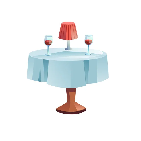 Επίπεδη τραπέζι κινουμένων σχεδίων με τραπεζομάντηλο, λάμπα και δύο ποτήρια κρασί, καφέ ή εστιατόριο επίσκεψη, ρομαντικό δείπνο διάνυσμα εικόνα έννοια — Διανυσματικό Αρχείο