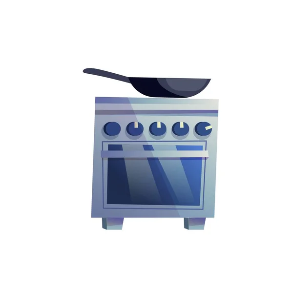 Επίπεδη τηγάνι κινουμένων σχεδίων στη σόμπα με φούρνο, έπιπλα σπιτιού, συσκευές κουζίνας — Διανυσματικό Αρχείο