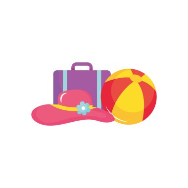 seyahat çantası, plaj topu ve plaj şapkası, düz stil.