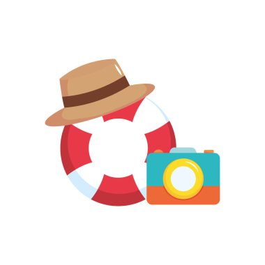 Şapkalı ve fotoğraf makineli bir can simidi, düz stil.