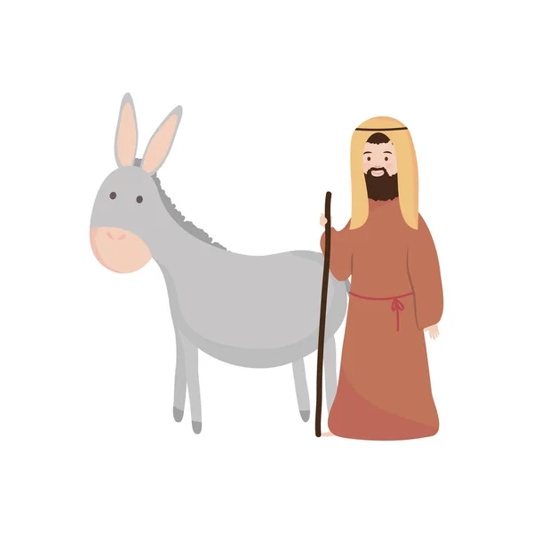 Adegan kelahiran, kartun Joseph dan keledai, gaya datar - Stok Vektor
