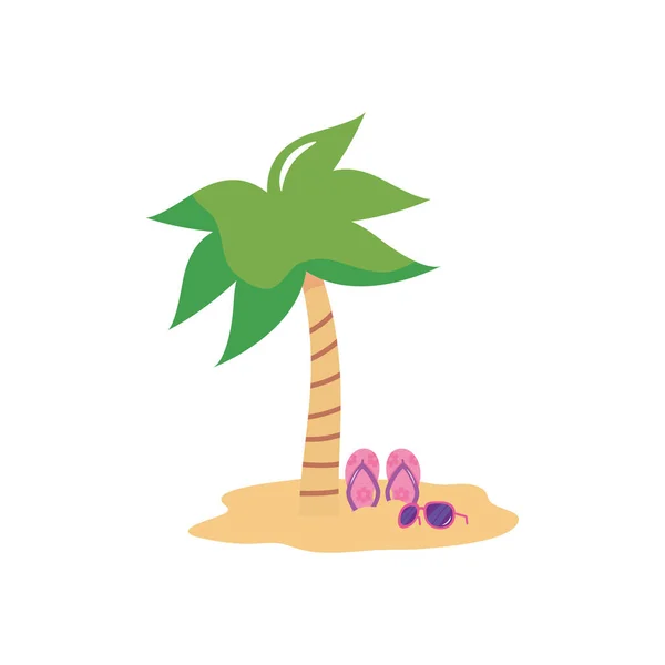 Palma tropical, óculos de sol e chinelos na areia, estilo plano — Vetor de Stock