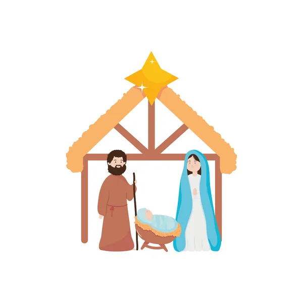 Belén pesebre con Virgen María, José y el bebé Jesús, estilo plano — Vector de stock