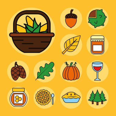 Şükran Günü ve Sepet simgesi seti, satır ve doldurma biçimi