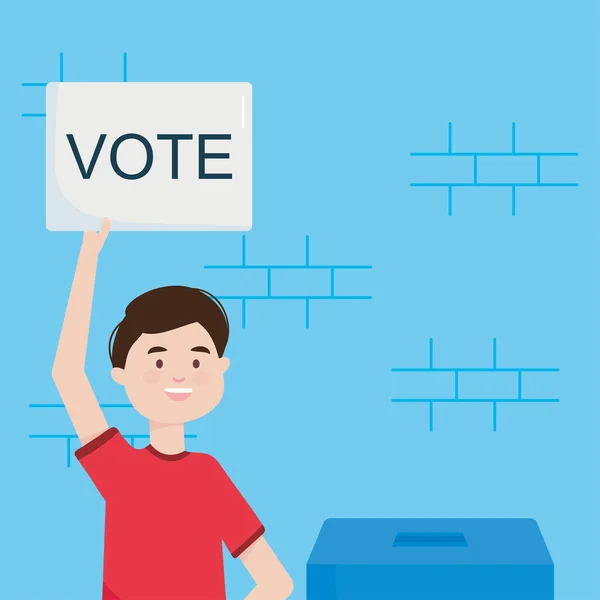 Концепция дня выборов, мультяшный человек с плакатом для голосования, красочный дизайн — стоковый вектор