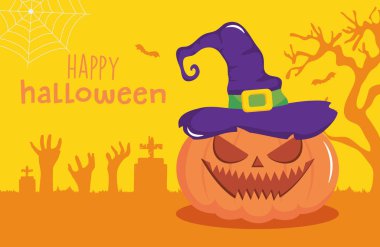 Cadılar bayramı tasarımın kutlu olsun cadı şapkalı korkunç balkabağı