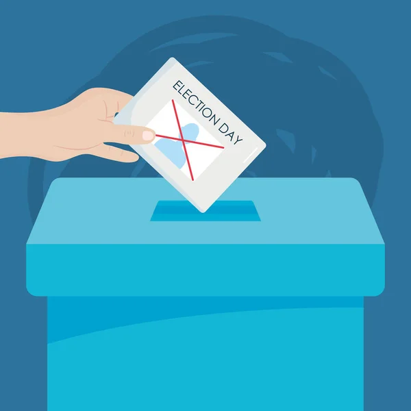 Verkiezingsdag concept, hand omhoog houden van een stembiljet en stembus, kleurrijk ontwerp — Stockvector