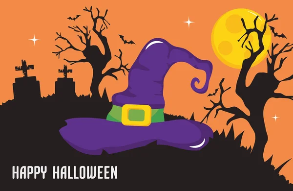 Glückliche Halloween-Design mit Hexenhut über Friedhof Silhouette Hintergrund — Stockvektor