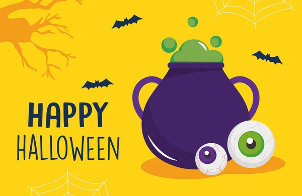 Feliz diseño de Halloween con caldero y ojos aterradores y murciélagos alrededor — Archivo Imágenes Vectoriales