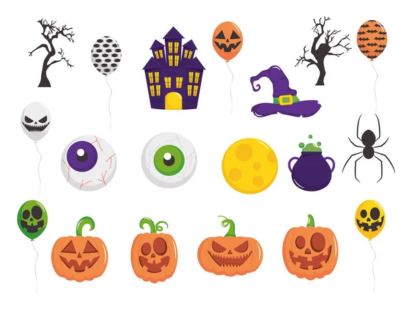 Citrouilles effrayantes et icône halloween ensemble — Image vectorielle