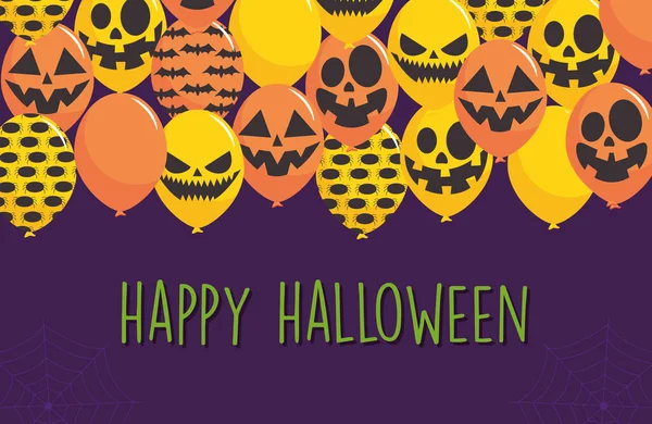 Feliz diseño de Halloween con globos anaranjados y amarillos con caras aterradoras y diseño de animales — Archivo Imágenes Vectoriales