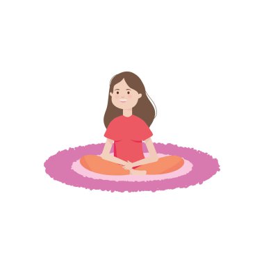Karikatür kadın meditasyonu halının üstünde yoga yapıyor.