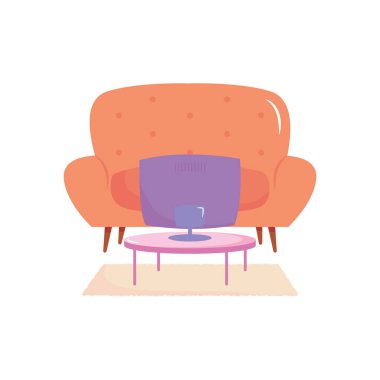 Oturma odasındaki kanepede televizyon ve halı var.