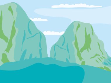 Göl ve yeşil dağlar manzara, renkli tasarım.